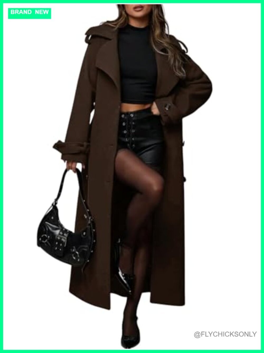 Wool Blend Midi Long Pea Coat Double Breasted Belted Business Casual